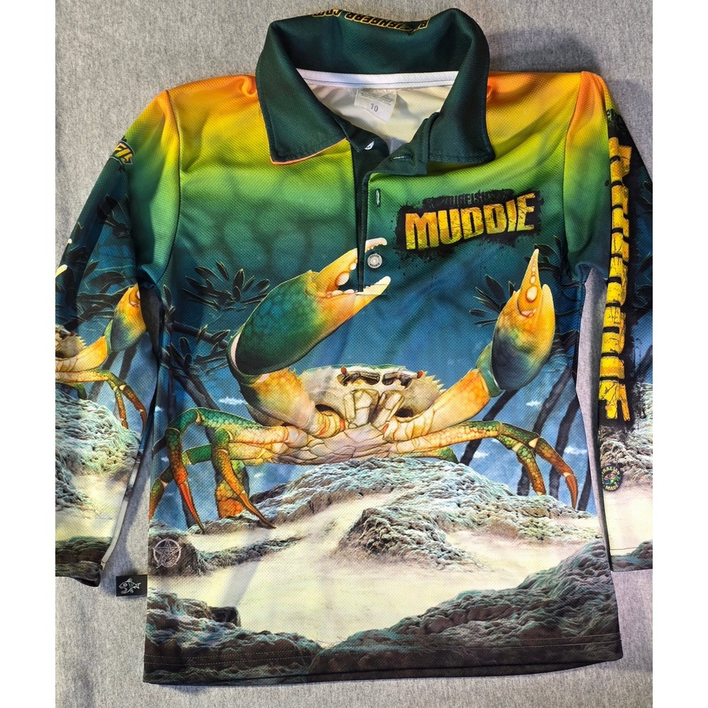 Big Fish Gear Kids Mud Crab Fishing Shirt Long Sleeve Polo Graphic Green Size 10